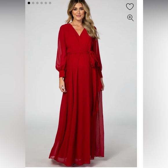 Pinkblush Maternity Red Chiffon Long Sleeve Pleated Maxi Dress - Picture 2 of 3